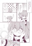  1girl apron bell blush checkered checkered_kimono comic glasses greyscale hair_bell hair_bobbles hair_ornament highres inuinui japanese_clothes kimono monochrome motoori_kosuzu short_twintails touhou translation_request twintails two_side_up 