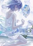  1girl aspara bangs blue blue_eyes blue_hair closed_mouth dress fish from_side hands_up jellyfish kneeling original short_hair solo white_dress 