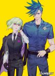  2boys artist_name belt black_gloves blazer blue_eyes blue_hair collared_shirt galo_thymos gearous gloves green_hair highres jacket jacket_on_shoulders lio_fotia male_focus multiple_boys necktie promare shirt smile spiky_hair uniform violet_eyes waistcoat yellow_background 