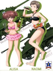  10s 2girls absurdres alisa_(girls_und_panzer) bikini bikini_skirt black_bikini breasts brown_eyes brown_hair caterpillar_tracks character_name cleavage collarbone drinking emblem full_body girls_und_panzer ground_vehicle highres layered_skirt looking_at_viewer m4_sherman military military_vehicle motor_vehicle multiple_girls naomi_(girls_und_panzer) navel one_leg_raised open_mouth pink_bikini saunders_(emblem) short_hair short_twintails simple_background small_breasts standing swimsuit tank twintails white_background 