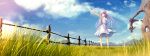  1girl animal clouds cloudy_sky day dress female fence floating_hair full_body grass green_eyes highres long_hair original outdoors outstretched_arm pink_hair sky sleeveless sleeveless_dress solo standing sundress tenmaso very_long_hair white_dress wide_image 
