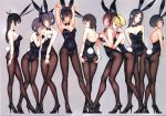  6+girls :3 animal_ears armpits ass bangs bare_shoulders black_bow black_bowtie black_hair blue_leotard blush bow bowtie braid breasts brown_hair bunny_tail bunnysuit closed_mouth covering covering_breasts covering_crotch covering_face detached_collar dress earrings embarrassed expressionless eyebrows_visible_through_hair fake_animal_ears fishnet_pantyhose fishnets full_body grey_background groping hair_ornament hair_over_shoulder hairband hairclip high_heels highres jewelry large_breasts leotard long_hair long_legs looking_at_another looking_down medium_breasts mole mole_under_eye multiple_girls open-back_dress original pantyhose parted_bangs parted_lips purple_hair short_hair simple_background smile spread_ass standing stretch tail tsukino_wagamo twin_braids wrist_cuffs 
