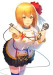  1girl bangs black_skirt blush character_request choker closed_mouth cowboy_shot hair_ribbon idol idolmaster leaning_forward long_sleeves looking_at_viewer microphone ogino_(oginogino) orange_hair original red_ribbon ribbon short_hair skirt smile solo starpiece_memories thigh-highs yellow_eyes zettai_ryouiki 