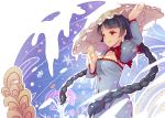  1girl ajirogasa black_hair braid breasts buttons capelet cleavage dress dunceneygak earlobes grey_dress hat long_hair red_eyes ribbon smile snow snowflakes snowing solo touhou twin_braids yatadera_narumi 