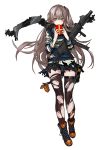  1girl bangs black_boots black_legwear black_scarf black_skirt blush boots brown_eyes crossed_bangs eyebrows_visible_through_hair full_body gift girls_frontline grey_hair gun h&amp;k_ump hands_up heckler_&amp;_koch holding holding_gift holding_gun holding_weapon long_hair looking_at_viewer parted_lips pleated_skirt scar scar_across_eye scarf simple_background skirt smile solo standing striped striped_scarf submachine_gun thigh-highs torn_clothes torn_scarf torn_skirt torn_sweater torn_thighhighs ump45_(girls_frontline) valentine very_long_hair weapon white_background zagala 