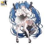  1girl bangs black_necktie black_shoes blue_hair closed_mouth copyright_name dress dual_wielding eyebrows_visible_through_hair finger_on_trigger garter_straps girls_frontline grey_dress gun gun_case holding holding_gun holding_weapon long_hair looking_at_viewer mary_janes necktie nine_(liuyuhao1992) pink_eyes ribbed_legwear shipka_(girls_frontline) shoes solo thigh-highs transparent_background twintails very_long_hair weapon white_legwear 
