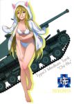  10s 1girl absurdres animal_ears animal_hood barefoot bikini breasts brown_eyes cardigan cat_hood caterpillar_tracks character_name cleavage collarbone emblem eyebrows_visible_through_hair fake_animal_ears girls_und_panzer ground_vehicle hair_between_eyes highres hood hooded_sweater leaning_forward long_hair looking_at_viewer medium_breasts military military_vehicle motor_vehicle nekonyaa ooarai_(emblem) open_cardigan open_clothes open_mouth shiny shiny_skin simple_background solo strapless strapless_bikini sweater swimsuit tank type_3_chi-nu very_long_hair white_background white_bikini white_sweater 