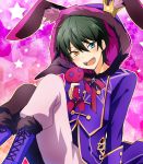  1boy animal_hood black_hair blue_coat blue_eyes boots brown_eyes bunny_hood cross-laced_footwear crown ensemble_stars! heterochromia highres holding holding_stuffed_animal hood kagehira_mika lace-up_boots looking_at_viewer male_focus masako_(sabotage-mode) mini_crown pants purple_background purple_boots sitting smile solo star stuffed_animal stuffed_bunny stuffed_toy 