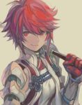  1girl arm_guards armor bangs elbow_gloves fire_emblem fire_emblem_if garter_straps gloves hankuri hinoka_(fire_emblem_if) holding holding_weapon polearm red_eyes redhead scarf short_hair shoulder_armor smile solo weapon 