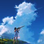  1girl aiming aiming_up bangs black_hair blue_sky bolt_action clouds day dress fence finger_on_trigger firearm grass gun holding holding_gun holding_weapon long_hair looking_afar looking_up medium_hair mosin-nagant original outdoors rias-coast rifle scope see-through_silhouette sky sleeveless sleeveless_dress standing sundress translucent_dress weapon white_dress wind wooden_fence 