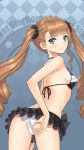  1girl absurdres adjusting_clothes adjusting_swimsuit aqua_eyes ass bangs bare_shoulders bikini bikini_skirt blush breasts brown_hair eyebrows_visible_through_hair frills highres long_hair looking_at_viewer looking_back medium_breasts official_art simple_background smile solo swimsuit tanaka_takayuki twintails 