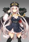  1girl :3 albino arm_at_side bangs belt black_boots blush boots breasts closed_mouth double-breasted eyebrows_visible_through_hair girls_frontline gradient gradient_background hair_between_eyes hair_tucking hand_up hat iron_cross kar98k_(girls_frontline) large_breasts legs_apart long_hair looking_at_viewer marmoset0 military military_uniform peaked_cap red_eyes silver_hair smile solo standing thigh-highs thigh_boots thighs uniform very_long_hair white_hair 