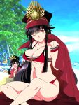  1boy 1girl ;) beach bikini black_hair bracelet breasts brother_and_sister cape day demon_archer family_crest fate/grand_order fate_(series) hat indian_style jewelry koha-ace long_hair looking_at_viewer medium_breasts necklace oda_nobukatsu_(fate/grand_order) oda_uri one_eye_closed open_mouth outdoors peaked_cap ponytail red_bikini red_eyes siblings sidelocks sitting smile stealth_oki swimsuit very_long_hair wavy_mouth 