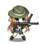  1girl :d ;d animated animated_gif black_gloves black_legwear blonde_hair blush chibi closed_eyes cowboy_hat f1_(girls_frontline) fingerless_gloves girls_frontline gloves grey_eyes gun hat hat_tip holding holding_gun holding_weapon long_hair lowres official_art one_eye_closed open_clothes open_mouth open_vest pointing shemagh sidelocks simple_background smile socks solo standing submachine_gun twintails vest weapon white_background 