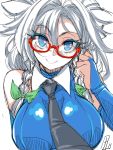  1girl bare_shoulders bespectacled black_necktie blue_eyes bow braid breasts bridal_gauntlets closed_mouth glasses green_bow hair_bow izayoi_sakuya large_breasts looking_at_viewer maid_headdress necktie red-framed_eyewear semi-rimless_glasses silver_hair smile solo tajima_yuuki touhou twin_braids under-rim_glasses upper_body 
