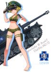  10s 1girl absurdres armpits barefoot bikini blonde_hair breasts brown_eyes caterpillar_tracks character_name cleavage emblem erwin_(girls_und_panzer) full_body girls_und_panzer green_bikini grin ground_vehicle gun hat highres holding holding_gun holding_weapon holster medium_breasts military military_hat military_vehicle motor_vehicle navel ooarai_(emblem) shiny shiny_skin short_hair simple_background smile solo standing sturmgeschutz_iii swimsuit tank thigh_holster weapon white_background 