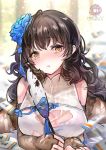  1girl artist_name black_hair blue_bow blue_rose blush bow breasts brown_legwear closed_mouth flower girls_frontline hair_flower hair_ornament large_breasts light_frown long_hair looking_at_viewer mirutu qbz-95_(girls_frontline) rose solo thigh-highs torn_clothes yellow_eyes 