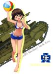  10s 1girl ;d absurdres arm_up armpits barefoot bikini bikini_shorts breasts brown_eyes brown_hair caterpillar_tracks character_name cleavage collarbone emblem girls_und_panzer ground_vehicle head_tilt highres isobe_noriko military military_vehicle motor_vehicle navel one_eye_closed ooarai_(emblem) open_mouth shiny shiny_skin short_hair shorts simple_background small_breasts smile solo standing swimsuit tank type_89_i-gou white_background 