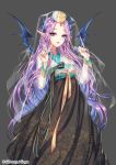  1girl copyright_name demon_wings elf flower hair_flower hair_ornament hat interitio japanese_clothes jewelry official_art pointy_ears purple_hair sid_story solo violet_eyes wings 