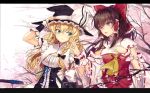  2girls adjusting_clothes adjusting_hat aqua_eyes ascot bangs black_bow black_eyes black_hair blonde_hair blush bow braid cherry_blossoms cibo_(killy) corset detached_sleeves earrings frills hair_bow hair_tubes hakurei_reimu hand_holding hat hat_ribbon interlocked_fingers jewelry kirisame_marisa letterboxed long_hair long_sleeves multiple_girls nontraditional_miko parted_lips puffy_short_sleeves puffy_sleeves red_bow ribbon ribbon-trimmed_sleeves ribbon_trim shirt short_sleeves side_braid sidelocks sleeveless sleeveless_shirt touhou tree upper_body wide_sleeves witch_hat wrist_cuffs 