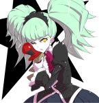  1girl biburi_(precure) black_hairband black_shirt black_skirt bow chestnut_mouth green_hair hairband half-closed_eye hamuhamu hat holding_doll juliet_sleeves kirakira_precure_a_la_mode long_sleeves looking_at_viewer precure puffy_sleeves red_bow red_hat shirt short_hair skirt solo star top_hat twintails yellow_eyes 