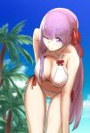  10s 1girl bb_(fate/extra_ccc) bending_forward bikini breasts cowboy_shot emoshon fate/extra fate/extra_ccc fate_(series) hair_ribbon highres large_breasts long_hair looking_at_viewer navel one_eye_closed purple_hair ribbon smile solo swimsuit very_long_hair violet_eyes white_bikini 
