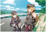  anchor_hair_ornament aqua_eyes bare_shoulders bicycle bismarck_(kantai_collection) blonde_hair brown_gloves detached_sleeves gloves grey_legwear ground_vehicle hair_ornament hat highres iron_cross kantai_collection kriegsmarine long_hair low_twintails microskirt military military_hat military_uniform mountain mountain_bicycle nakamori_koutarou peaked_cap prinz_eugen_(kantai_collection) road skirt twintails uniform white_gloves 