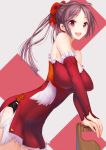  1girl bare_shoulders blush bow breasts brown_hair cleavage eyebrows_visible_through_hair hair_bow happy_new_year large_breasts long_hair looking_at_viewer new_year open_mouth original pink_eyes ponytail red_bow santa_costume smile solo teeth yilan 