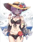  1girl bikini black_bikini bracelet breasts cowboy_shot dre fate/grand_order fate_(series) flower frilled_bikini frills front-tie_top glasses hair_over_one_eye hat highres jacket jewelry looking_at_viewer medium_breasts navel open_clothes open_jacket purple_hair red_choker shielder_(fate/grand_order) short_hair side-tie_bikini straw_hat sun_hat swimsuit violet_eyes water white_jacket 