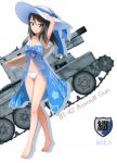  10s 1girl absurdres arm_up armpits barefoot bikini blue_hat blue_ribbon breasts brown_eyes brown_hair bt-42 caterpillar_tracks cleavage collarbone eyebrows_visible_through_hair floating_hair full_body girls_und_panzer ground_vehicle hair_between_eyes harpsicord hat hat_ribbon highres long_hair looking_at_viewer mika_(girls_und_panzer) military military_vehicle motor_vehicle navel ribbon school_uniform shiny shiny_skin simple_background small_breasts smile solo standing sun_hat swimsuit tank white_background white_bikini 