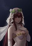  1girl absurdres breasts bridal_veil brown_hair choker cleavage collarbone covered_navel dress elbow_gloves fate/grand_order fate_(series) gloves head_wreath highres long_hair looking_at_viewer medium_breasts red_eyes scathach_(fate/grand_order) sleeveless sleeveless_dress solo upper_body veil very_long_hair white_gloves yin_lan_xue 