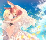  1boy 1girl animal_ears arms_around_neck bangs blonde_hair breasts calm_mashiro carrying cleavage closed_eyes clouds confetti couple day dress elf formal gloves green_eyes groom hound_(sekaiju) jewelry legs long_hair looking_at_another necklace one_eye_closed open_mouth pink_hair pointy_ears princess_carry rabbit_ears sekaiju_no_meikyuu sekaiju_no_meikyuu_5 shoes short_hair sky smile suit veil warlock_(sekaiju) wedding wedding_dress white_dress white_gloves white_shoes white_suit 