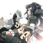  1girl arm_at_side bare_arms black_gloves black_hair breasts bright_background burnt_clothes character_request clenched_hand commentary_request elbow_gloves fingerless_gloves from_side gloves hand_on_another&#039;s_back hand_up headgear high_collar kantai_collection long_hair long_sleeves looking_afar midriff nagato_(kantai_collection) parted_lips pleated_skirt red_eyes short_sleeves skirt solo_focus stomach tanaka_kusao thigh-highs torn_clothes torn_gloves transparent under_boob upper_body 