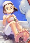  2girls ball bare_legs bare_shoulders barefoot blush brown_hair erect_nipples feet green_eyes highres multiple_girls one-piece_swimsuit original short_hair sitting soles solo_focus soon swim_cap swimsuit toes wet wet_clothes 