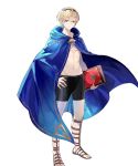  1boy abs blonde_hair book cape fire_emblem fire_emblem_heroes fire_emblem_if full_body hairband highres kotetsu_(popeethe) leon_(fire_emblem_if) navel official_art red_eyes sandals shirtless solo swimsuit tomato transparent_background 