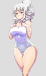  1girl absurdres blush breasts carmilla_(fate/grand_order) covered_navel curly_hair fate_(series) gensui_(auoua) hands_on_own_chest highres hips long_hair medium_breasts one-piece_swimsuit ponytail solo swimsuit white_hair white_swimsuit yellow_eyes 