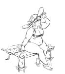  1girl adjusting_clothes adjusting_hat arm_support big_belly bikini braid breasts cleavage dock fat greyscale hat large_breasts mariel_cartwright monochrome navel original sitting sketch smile soaking_feet solo sun_hat swimsuit thick_thighs thighs twin_braids water wide_hips 