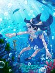 1girl black_hair blonde_hair blue_eyes blue_hair bow bowtie bracelet bubble common_dolphin_(kemono_friends) coral dolphin_tail dress fish highres jewelry kazuneko_(wktk1024) kemono_friends multicolored_hair open_mouth sailor_collar seahorse solo tail teeth underwater water