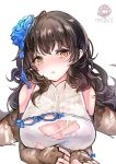  1girl artist_name black_hair blue_bow blue_rose blush bow breasts brown_legwear closed_mouth flower girls_frontline hair_flower hair_ornament large_breasts light_frown long_hair looking_at_viewer mirutu qbz-95_(girls_frontline) rose simple_background solo thigh-highs torn_clothes white_background yellow_eyes 