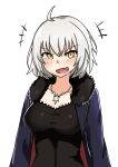  &gt;:d +++ 1girl :d ahoge collarbone eyebrows_visible_through_hair fate/grand_order fate_(series) fur_collar highres jeanne_alter jewelry kaafi looking_at_viewer open_mouth pendant ruler_(fate/apocrypha) short_hair smile solo tears upper_body white_hair yellow_eyes 
