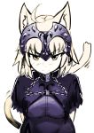  1girl ahoge animal_ears arms_behind_back artist_name blonde_hair blush cat_ears cat_tail eyebrows_visible_through_hair fate/grand_order fate_(series) furrowed_eyebrows headpiece highres jeanne_alter kaafi kemonomimi_mode looking_at_viewer pout ruler_(fate/apocrypha) short_hair short_sleeves simple_background solo tail upper_body white_background yellow_eyes 