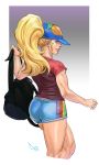  1girl alternate_hairstyle ass backpack bag baseball_cap blonde_hair blue_eyes cropped_legs diepod from_behind hat highres lips long_hair ponytail rainbow_mika shirt short_shorts shorts solo street_fighter street_fighter_v t-shirt toned very_long_hair 