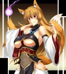  1girl animal_ears bare_shoulders blonde_hair blush breasts covered_navel fox_ears fox_tail highres large_breasts licking_lips long_hair looking_at_viewer maki_ikazuya navel original red_eyes revision see-through smile solo tail tongue tongue_out under_boob underboob_cutout 