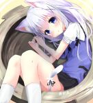  1girl :o animal_ears bangs black_skirt blue_bow blue_bowtie blue_eyes blue_vest blush bow bowl bowtie cat_ears cat_tail commentary_request eyebrows_visible_through_hair gochuumon_wa_usagi_desu_ka? hair_between_eyes in_container kafuu_chino kemonomimi_mode kneehighs knees_together_feet_apart kouda_suzu light_blue_hair long_hair looking_at_viewer lying neko_nabe on_side oversized_object parted_lips rabbit_house_uniform red_collar ribbon shirt short_sleeves signature skirt solo tail tail_ribbon two-tone_background vest white_legwear white_shirt 
