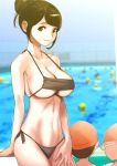  1girl arm_support bikini black_bikini blurry blurry_background breasts brown_eyes brown_hair cleavage closed_mouth commentary_request dtym highres indoors large_breasts looking_at_viewer navel original outside_border people pool short_hair side-tie_bikini smile solo_focus standing swimsuit water 