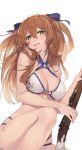  1girl absurdres bangs bikini blue_ribbon breasts cleavage girls_frontline gun hair_between_eyes hair_ribbon half-closed_eyes highres holding holding_gun holding_weapon knee_up large_breasts long_hair looking_at_viewer m1903_springfield m1903_springfield_(girls_frontline) nandade9 o-ring_bikini parted_lips ribbon rifle simple_background sitting smile solo swimsuit two_side_up weapon white_background white_bikini 