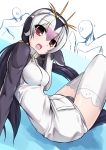  1girl 8000 :d black_hair crossover kemono_friends kenzen_robo_daimidaler low_twintails multicolored_hair open_mouth penguin_tail red_eyes royal_penguin_(kemono_friends) smile solo_focus thigh-highs twintails two-tone_hair white_hair white_legwear 