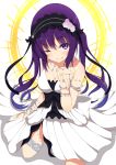  1girl absurdres bangs bare_shoulders black_hairband blush bracelet breasts cleavage closed_mouth collarbone commentary cosplay dress euryale euryale_(cosplay) eyebrows_visible_through_hair fate/hollow_ataraxia fate_(series) from_above gochuumon_wa_usagi_desu_ka? hairband highres jewelry kneeling lolita_hairband long_hair looking_at_viewer medium_breasts mottsun_(i_40y) necklace one_eye_closed purple_hair shadow sleeveless sleeveless_dress smile solo tedeza_rize trait_connection twintails two-tone_background very_long_hair violet_eyes white_dress 