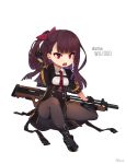  1girl artist_name bangs black_gloves black_shoes black_skirt blunt_bangs bow braid brown_hair bullpup character_name chibi d:&lt; girls_frontline gloves gun hair_bow half_updo hand_up high-waist_skirt highres jehyun knee_up long_hair military military_uniform one_side_up open_mouth pantyhose red_bow rifle shoes signature simple_background sitting skirt sleeves_rolled_up sniper_rifle solo tears uniform violet_eyes wa2000_(girls_frontline) walther walther_wa_2000 weapon white_background 