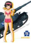  10s 1girl ;d absurdres barefoot bikini bikini_shorts black_hair breasts brown_eyes caterpillar_tracks character_name cleavage collarbone emblem girls_und_panzer ground_vehicle highres holding military military_vehicle motor_vehicle nakajima_(girls_und_panzer) navel one_eye_closed ooarai_(emblem) open_mouth red_bikini short_hair shorts simple_background small_breasts smile solo standing swimsuit tank tiger_i white_background 